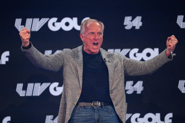 Greg Norman reacts during the LIV Golf Invitational - London Draft on June 07, 2022 in London, England.