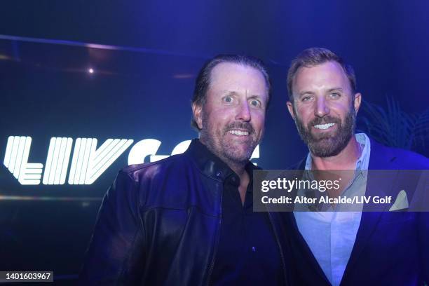 Phil Mickelson and Dustin Johnson of The United States pose for a photograph during the LIV Golf Invitational - London Draft on June 07, 2022 in...