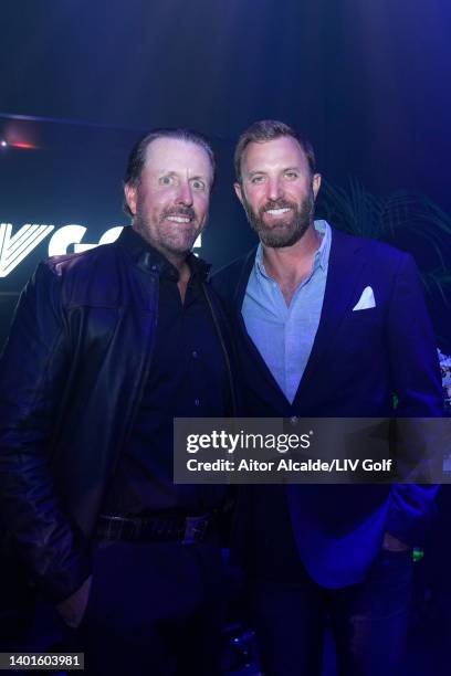 Phil Mickelson and Dustin Johnson of The United States pose for a photograph during the LIV Golf Invitational - London Draft on June 07, 2022 in...