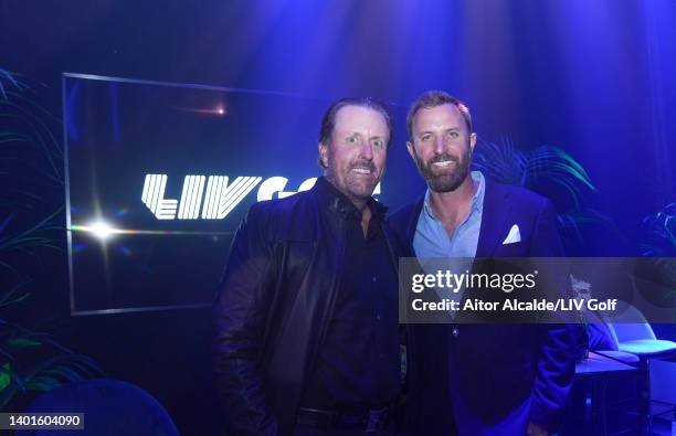 Phil Mickelson and Dustin Johnson of The United States pose for a photograph during the LIV Golf Invitational - London Draft on June 07, 2022 in...