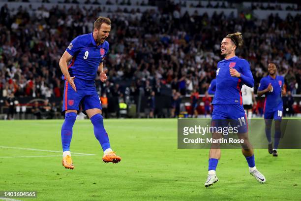 Harry Kane of England celebrates after scoring their team's first goal from the penalty spot during the UEFA Nations League League A Group 3 match...