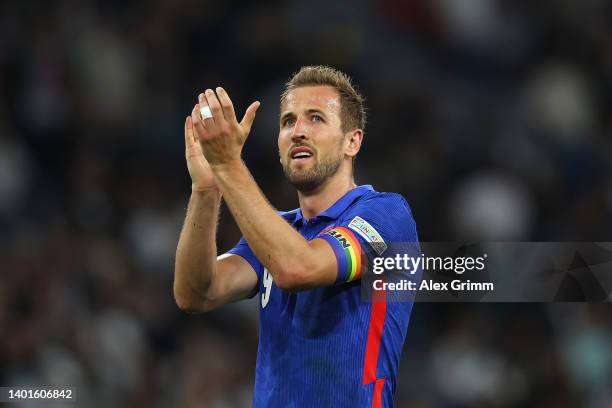 Harry Kane of England applauds the fans after the UEFA Nations League League A Group 3 match between Germany and England at Allianz Arena on June 07,...