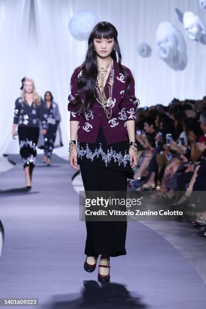 Model walks the runway at the Chanel Metiers D'Art Fashion Show on June 07, 2022 in Florence, Italy.