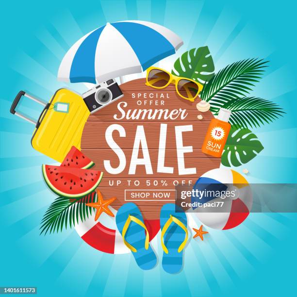 summer sale vector illustration with  summer beach elements. - summer of 77 stock illustrations