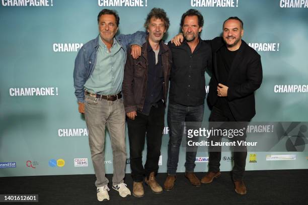Nicolas Vanier, Eric Elmosnino, Stephane de Groodt and Francois-Xavier Demaison attend the "Champagne!" Premiere At UGC Cine Cite Les Halles on June...