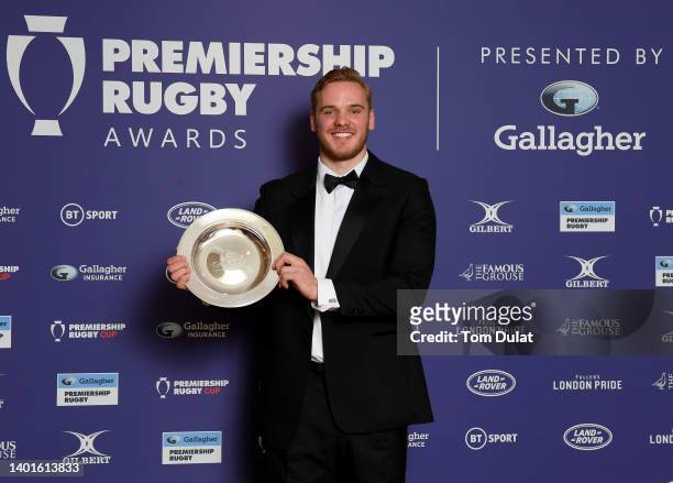 Justin Clegg is presented with Gallagher Community Player of the Season Award during the Gallagher Premiership Rugby Awards at Honourable Artillery...