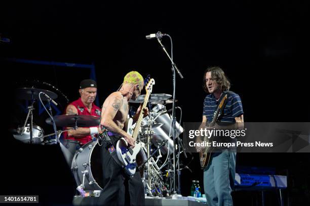 Drummer Chad Smith; electric bassist Flea and guitarist John Frusciante during a concert by rock band Red Hot Chili Peppers, at Barcelona's Olympic...