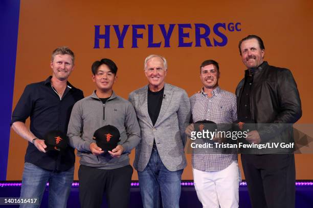 Justin Harding, Ratchanon Chantananuwat, Greg Norman, Chase Koepka and Phil Mickelson pose for a photograph following the LIV Golf Invitational -...