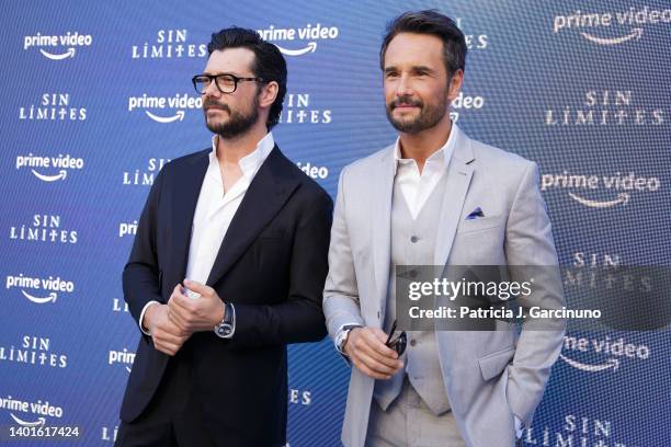 Alvaro Morte and Rodrigo Santoro attend 'Sin Limites' photocall by Prime Video at Cines Callao on June 07, 2022 in Madrid, Spain.