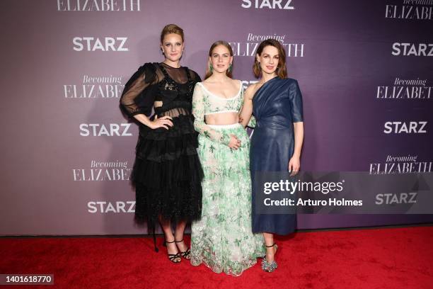 Romola Garai, Alicia von Rittberg and Jessica Raine attend the "Becoming Elizabeth" New York Premiere at The Plaza Hotel on June 07, 2022 in New York...