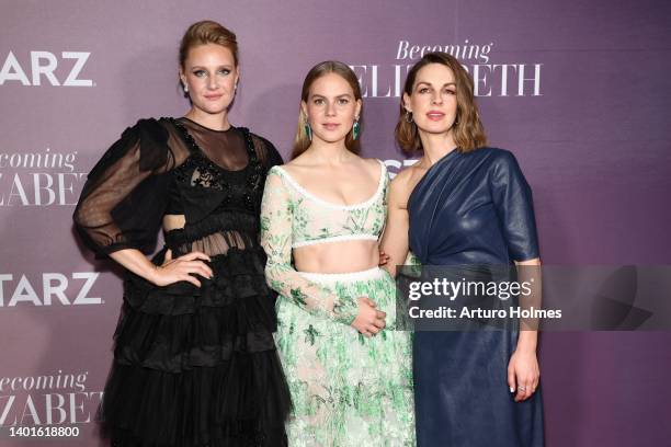 Romola Garai, Alicia von Rittberg and Jessica Raine attend the "Becoming Elizabeth" New York Premiere at The Plaza Hotel on June 07, 2022 in New York...