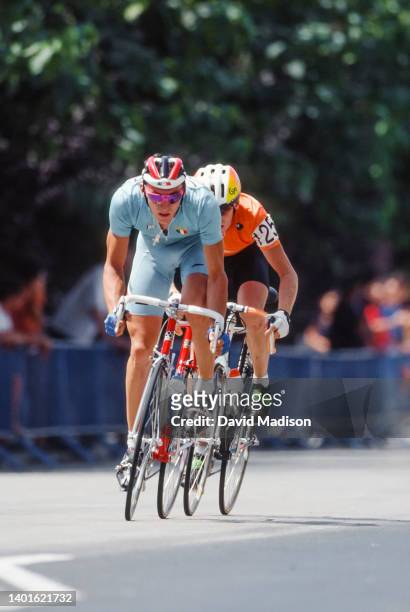 Fabio Casartelli of Italy followed by Erik Dekker of the Netherlands break away during the Men's Cycling Road Race in Sant Sadurní d'Anoia near...