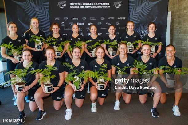 The New Zealand Women's Cricket Team with the ferns presented to them as they were named during the New Zealand 2022 Commonwealth Games Cricket Squad...