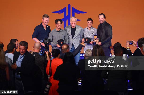 Justin Harding, Ratchanon Chantananuwat, Greg Norman, Chase Koepka and Phil Mickelson pose for a photograph following the LIV Golf Invitational -...