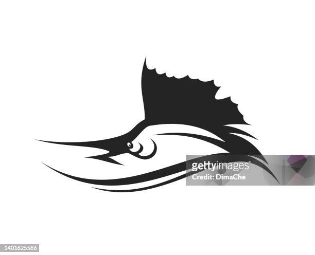 illustrazioni stock, clip art, cartoni animati e icone di tendenza di pesce spada che emerge dalle onde - ritaglia la silhouette vettoriale - marlin