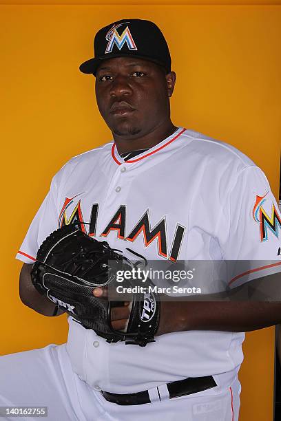 Pitcher Jose Ceda of the Miami Marlins poses for photos during media day on February 27, 2012 in Jupiter, Florida.