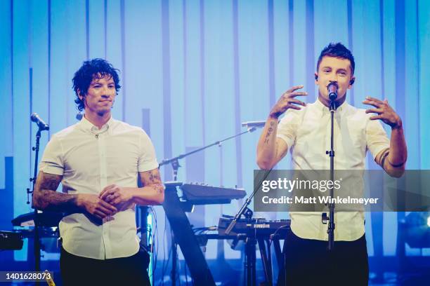 June 07 : In this image, released on June 07 Josh Dun and Tyler Joseph of Twenty One Pilots perform at MTV Unplugged: Twenty One Pilots at Exchange...