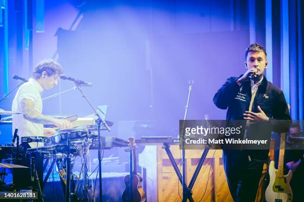 June 07 : In this image, released on June 07 Josh Dun and Tyler Josep of Twenty One Pilots perform at MTV Unplugged: Twenty One Pilots at Exchange LA...