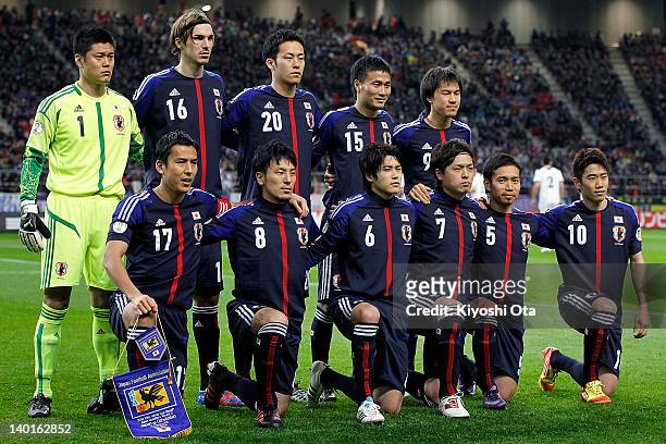 The Japan team players line up for a team photo prior to the 2014 FIFA World Cup Brazil Asian 3rd Qualifier match between Japan and Uzbekistan at...