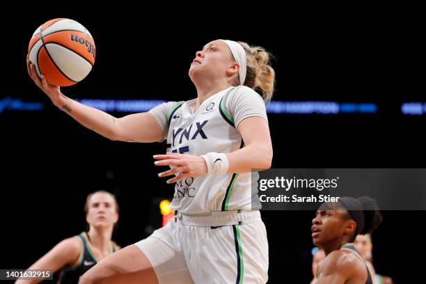 Guard Rachel Banham of the Minnesota Lynx goes to the basket during the first half against the New York Liberty at Barclays Center on June 07, 2022...