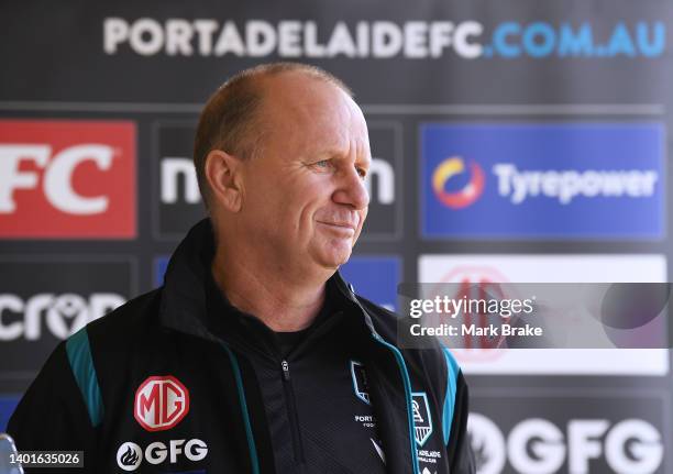 Ken Hinkley coach of Port Adelaide speaks to media during a Port Adelaide Power media opportunity and training session at Alberton Oval on June 08,...