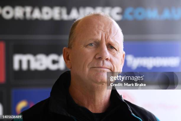 Ken Hinkley coach of Port Adelaide arrives to speak to media during a Port Adelaide Power media opportunity and training session at Alberton Oval on...