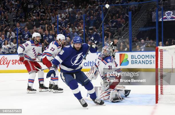 Nikita Kucherov of the Tampa Bay Lightning celebrates after scoring a goal on Igor Shesterkin of the New York Rangers during the second period in...