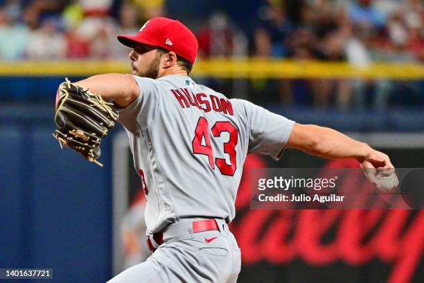 Dakota Hudson of the St. Louis Cardinals delivers a pitch to the Tampa Bay Rays in the first inning at Tropicana Field on June 07, 2022 in St...