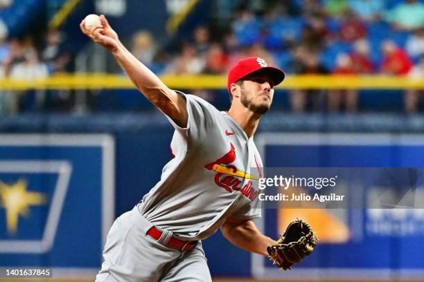 Dakota Hudson of the St. Louis Cardinals delivers a pitch to the Tampa Bay Rays in the second inning at Tropicana Field on June 07, 2022 in St...