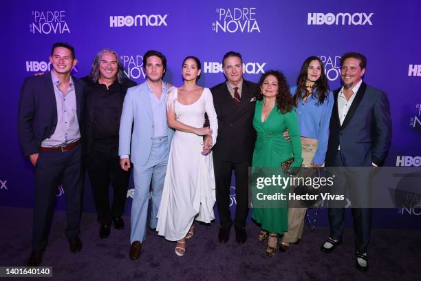 Pedro Damian, Diego Boneta, Adria Arjona, Andy Garcia, Gloria Estefan, Macarena Achaga and Gaz Alazraki pose during the violet carpet of 'Father Of...