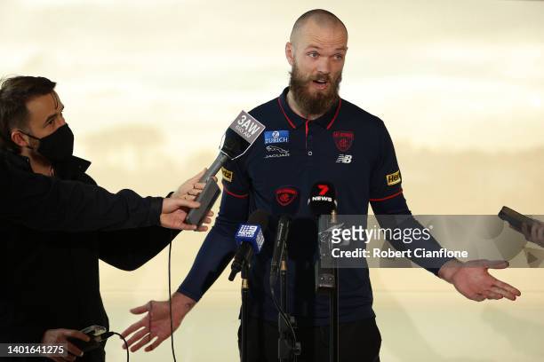 Max Gawn of the Melbourne Demons speaks to the media during a press conference at The Baths, Middle Brighton on June 08, 2022 in Melbourne, Australia.