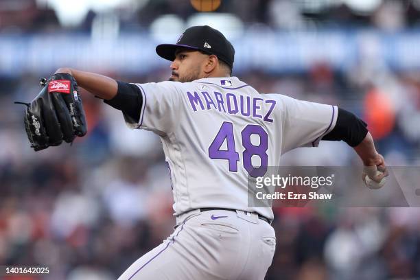 German Marquez of the Colorado Rockies pitches against the San Francisco Giants in the first inning at Oracle Park on June 07, 2022 in San Francisco,...
