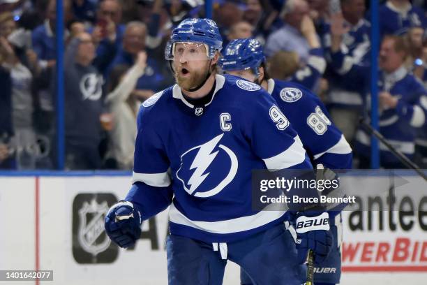 Steven Stamkos of the Tampa Bay Lightning celebrates after scoring a goal on Igor Shesterkin of the New York Rangers during the third period in Game...