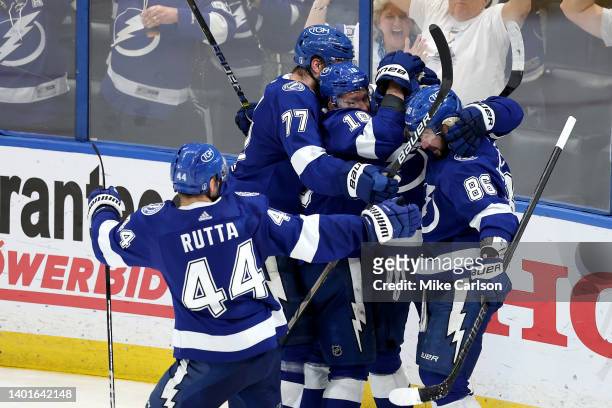 Steven Stamkos of the Tampa Bay Lightning celebrates with his teammates after scoring a goal on Igor Shesterkin of the New York Rangers during the...