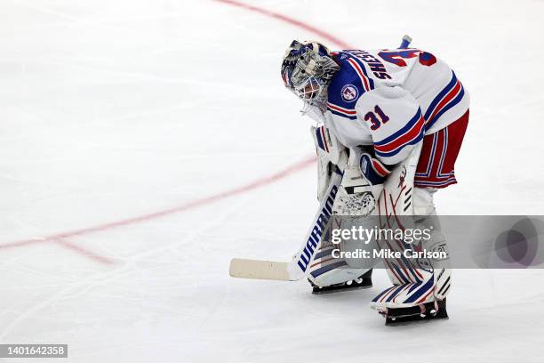 Igor Shesterkin of the New York Rangers reacts against the Tampa Bay Lightning during the third period in Game Four of the Eastern Conference Final...