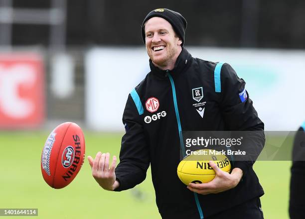 Tom Jonas of Port Adelaide during a Port Adelaide Power media opportunity and training session at Alberton Oval on June 08, 2022 in Adelaide,...