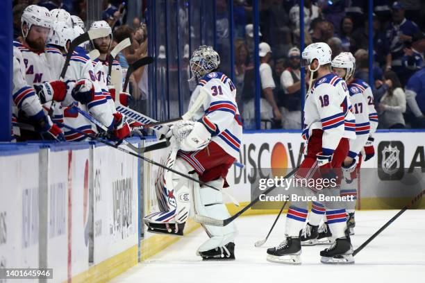 Igor Shesterkin of the New York Rangers skates off the ice after being defeated by the Tampa Bay Lightning with a score of 1 to 4 in Game Four of the...