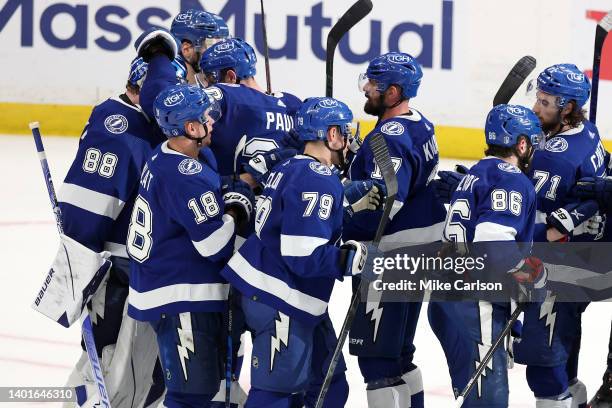 The Tampa Bay Lightning celebrate after defeating the New York Rangers with a score of 4 to 1 in Game Four of the Eastern Conference Final of the...