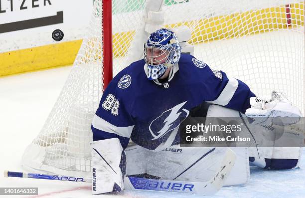 Andrei Vasilevskiy of the Tampa Bay Lightning tends goal against the New York Rangers during the third period in Game Four of the Eastern Conference...