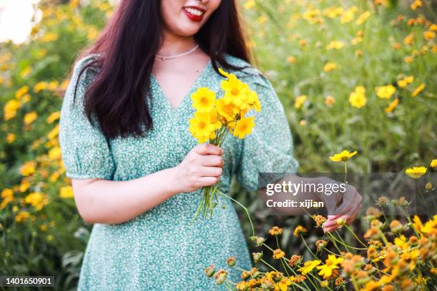 woman picking up yellow flower in summer garden - japanese flower arrangement stock pictures, royalty-free photos & images