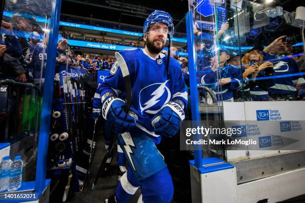 Nikita Kucherov of the Tampa Bay Lightning gets ready for the game against the New York Rangers prior to Game Four of the Eastern Conference Final of...