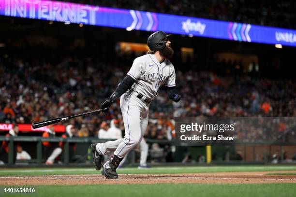 Charlie Blackmon of the Colorado Rockies hits a pinch-hit three-run home run int he sixth inning against the San Francisco Giants at Oracle Park on...