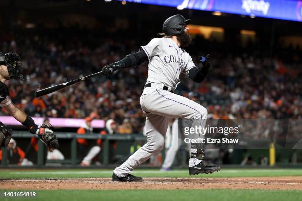 Charlie Blackmon of the Colorado Rockies hits a pinch-hit three-run home run int he sixth inning against the San Francisco Giants at Oracle Park on...
