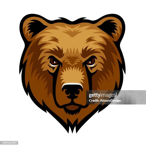 ilustraciones, imágenes clip art, dibujos animados e iconos de stock de logotipo de la cabeza del oso pardo. diseño creativo de mascotas. - animal mouth stock illustrations