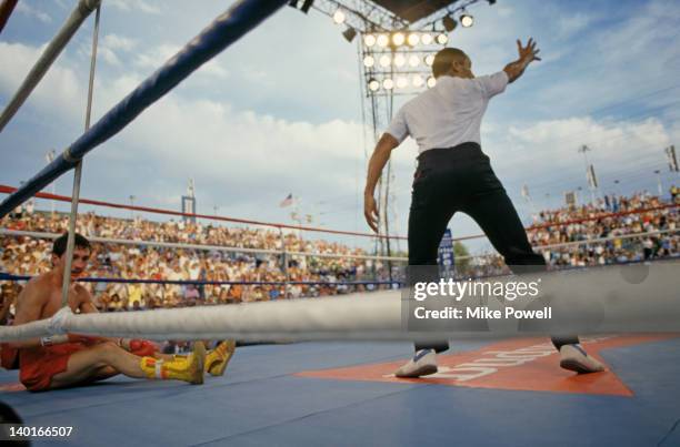 Irish boxer Barry McGuigan on the canvas during his defence of his WBA world featherweight title against Steve Cruz of the USA, at Caesars Palace,...