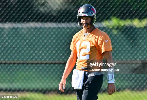 Tom Brady of the Tampa Bay Buccaneers works out during the Buccaneers mini-camp at AdventHealth Training Center on June 07, 2022 in Tampa, Florida.