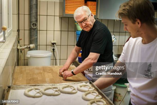 In this handout photo provided by the German Government Press Office , Federal President Frank-Walter Steinmeier visits the bakery Mink during his...