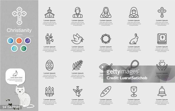 christianity line icons content infographic - catholicism stock illustrations
