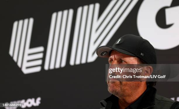 Phil Mickelson of the United States looks on during a press conference at The Centurion Club on June 08, 2022 in St Albans, England.