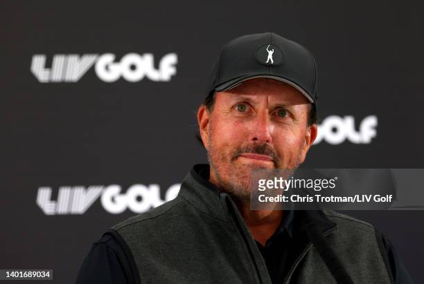 Phil Mickelson of the United States looks on during a press conference at The Centurion Club on June 08, 2022 in St Albans, England.